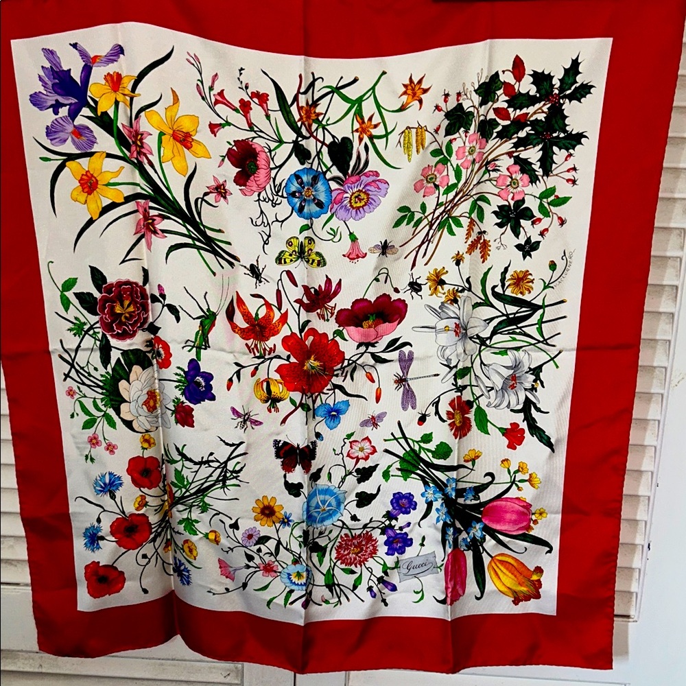 Gucci Floral Silk Scarf with Red Border